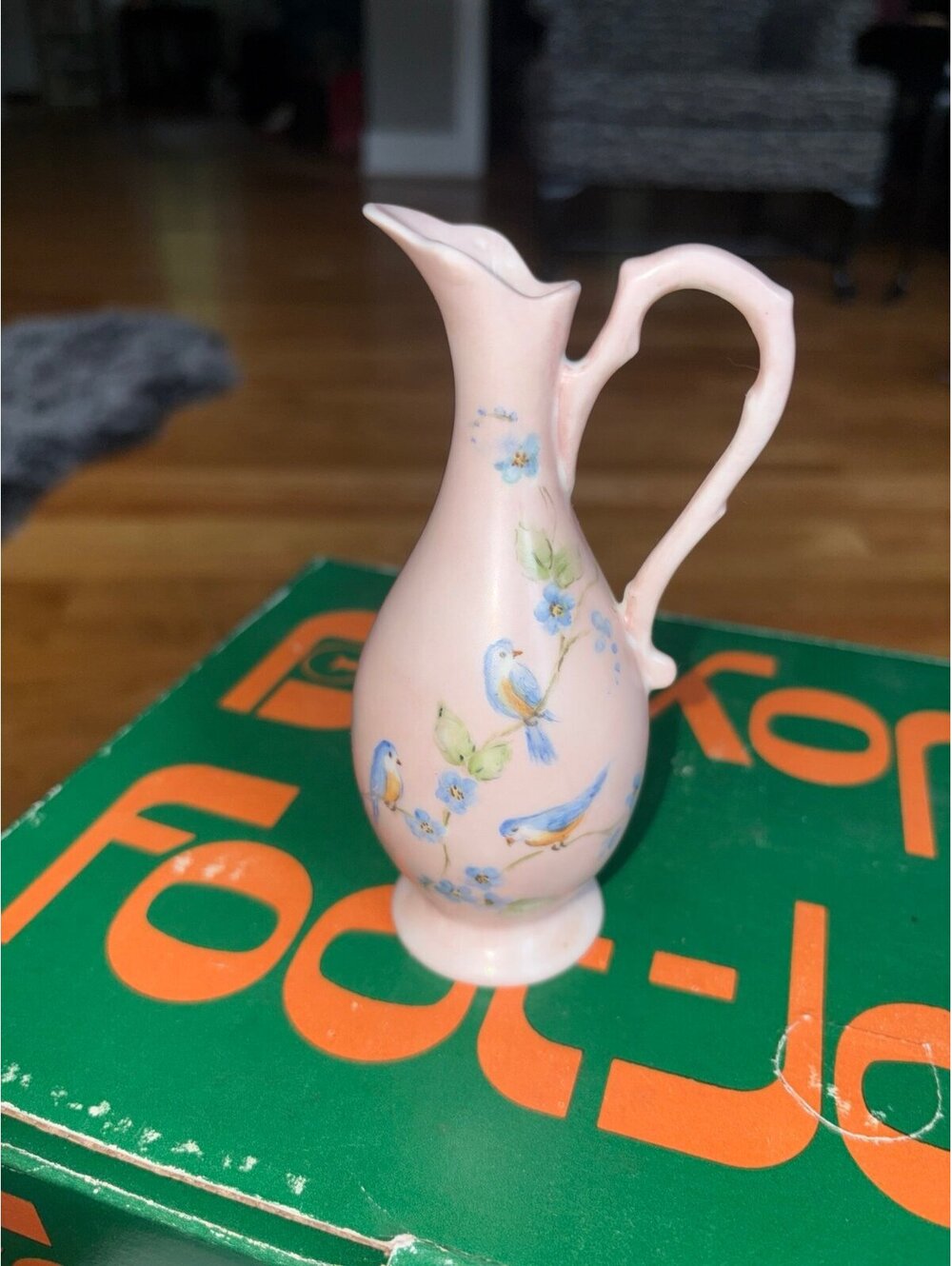 vintage hand-painted ceramic pitcher vase featuring a delicate blue bird&motif